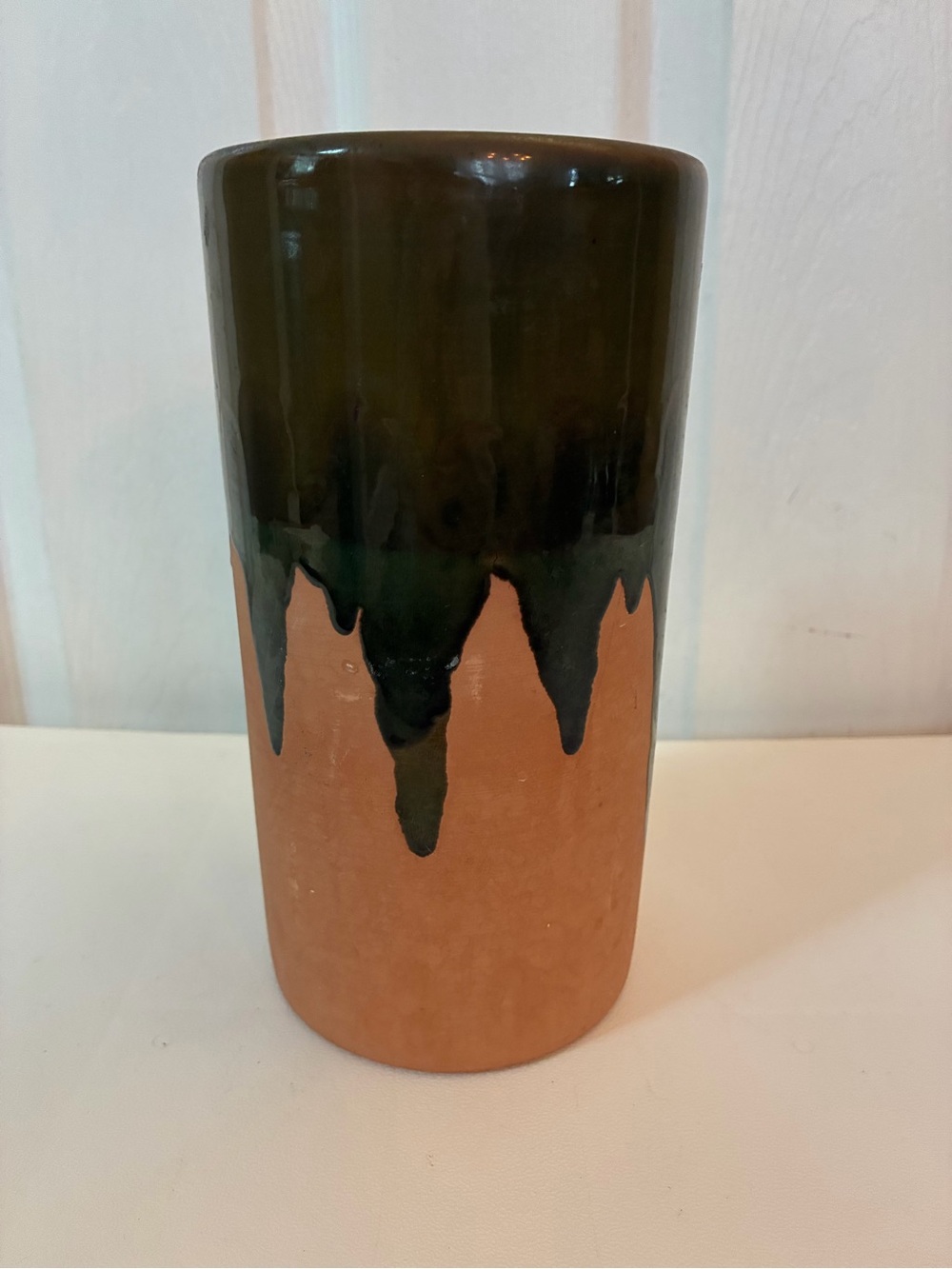 Vintage Pier 1 Imports Italy Terracotta Drip Glaze Vase Green Rust Boho MCM